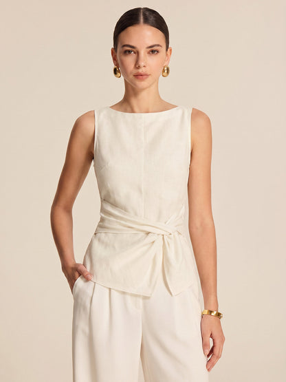 Twisted Waist Linen Blend Sleeveless Blouse