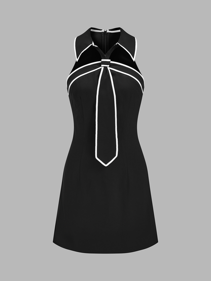 Tie Detail Contrast Trim Collared Mini Dress