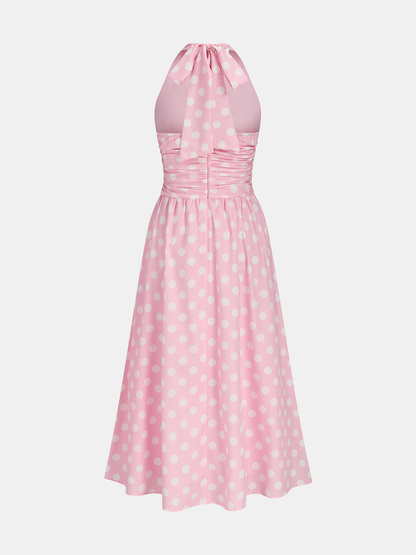 Polka Dot Halter Ruched Midi Dress