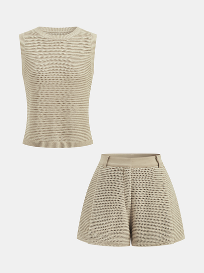 Open Knit Sleeveless Tank Top & Shorts Set
