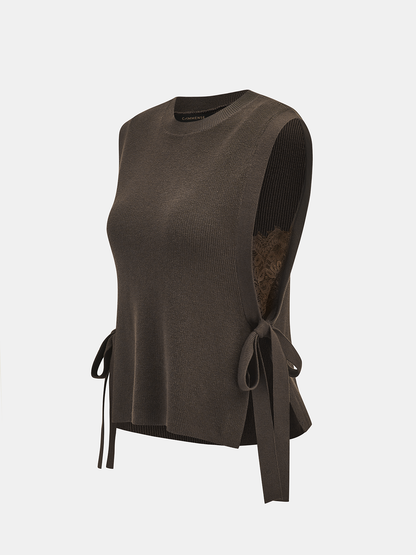 Side Tie Lace Panel Knit Sleeveless Vest