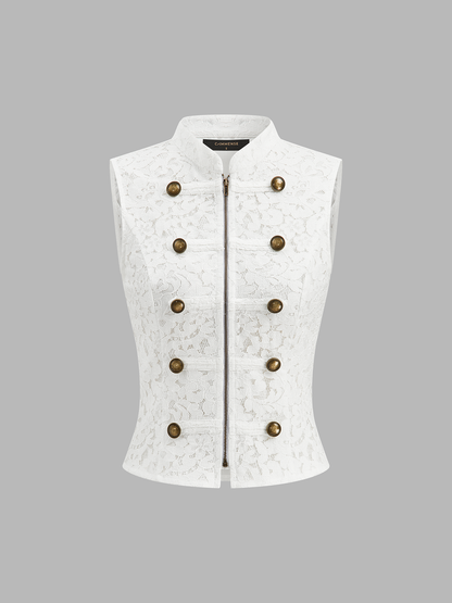 Napoleon Front Zipper Stand Collar Lace Vest
