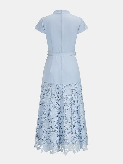 Belted Short Sleeve Lace Hem Midi Dress