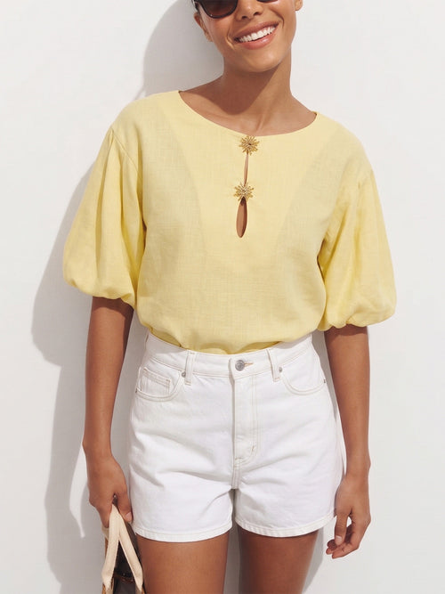Keyhole Puff Sleeve Tencel Linen Blend Blouse