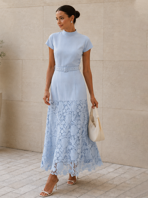 Belted Short Sleeve Lace Hem Midi Dress