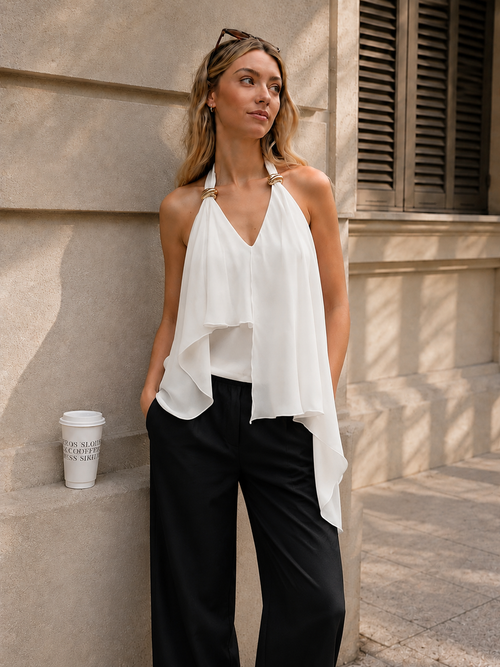 Metal Decor Asymmetric Flowy Halter Top