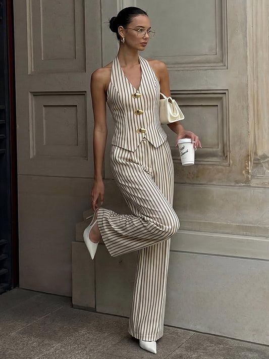 Striped Halter Neck Pants Set with Metal Button