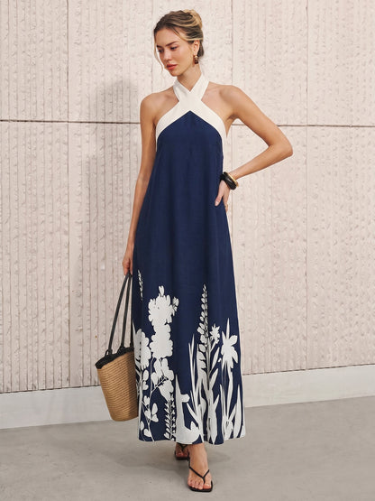 Halter Neck Floral Print Midi Dress
