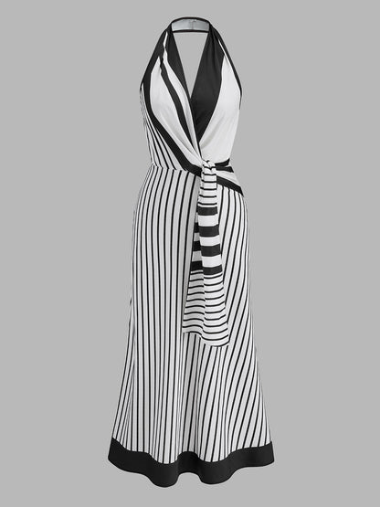 Striped Halter Wrap Maxi Dress