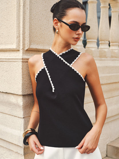 Scalloped Trim Asymmetric Knit Tank Top