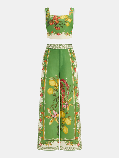 Fruit Floral Print Crop Cami Top & Pants Set