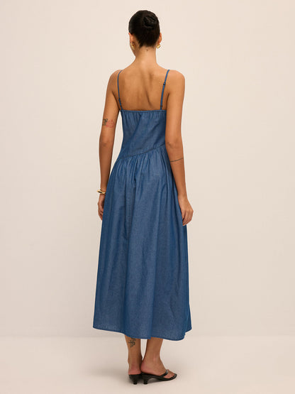 Faux Denim Asymmetrical Cami Maxi Dress