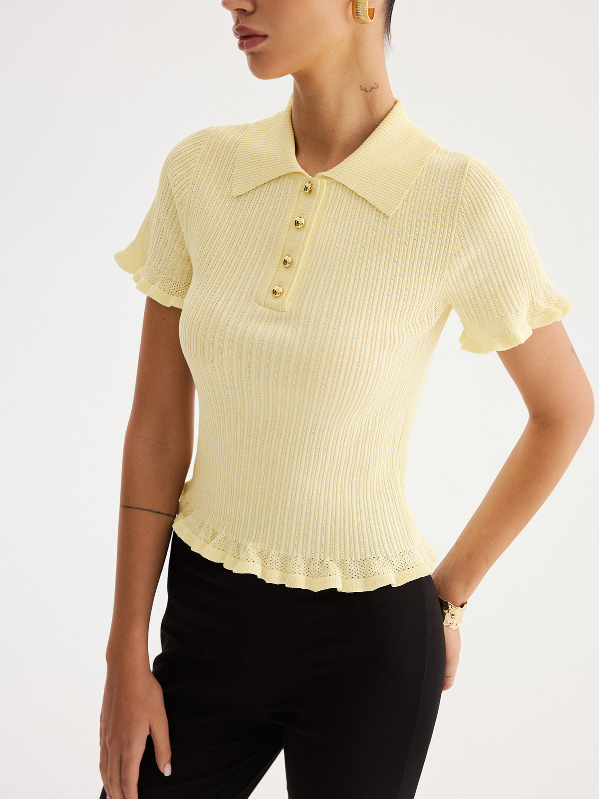 Ruffled Collared Ribbed Knit Top