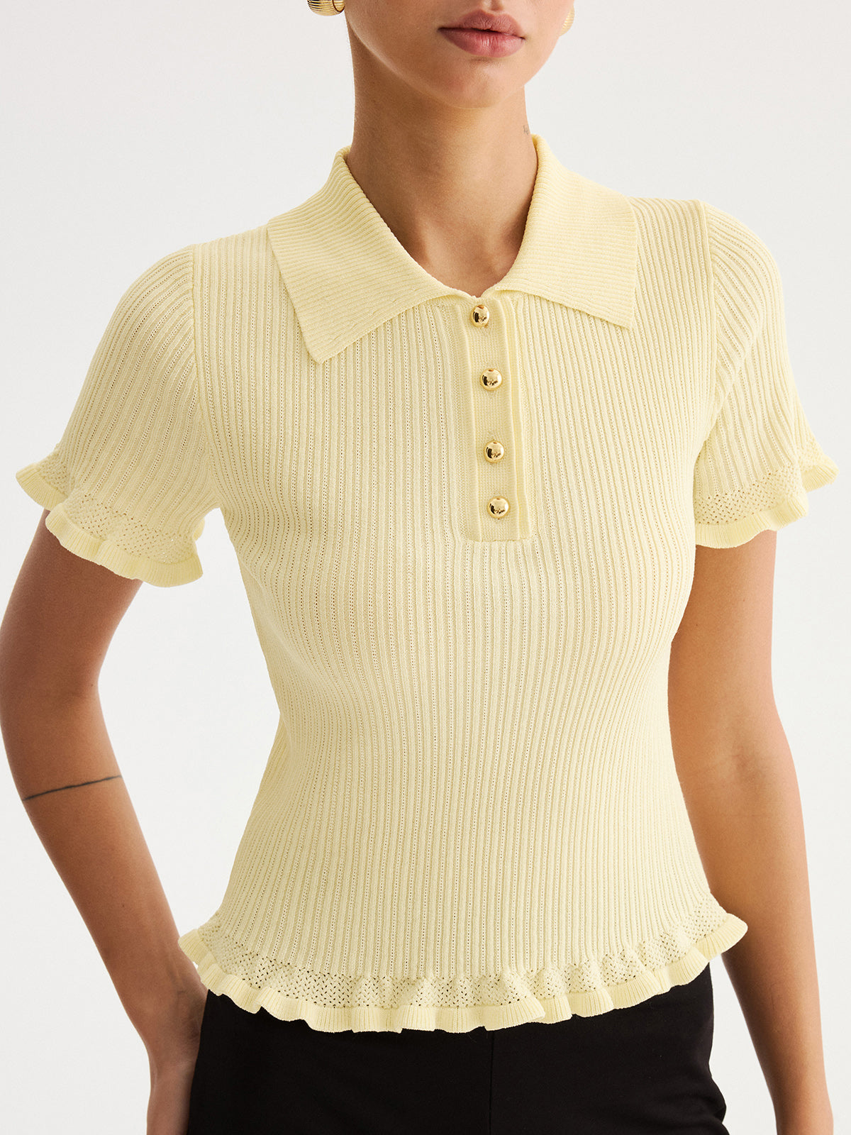 Ruffled Collared Ribbed Knit Top
