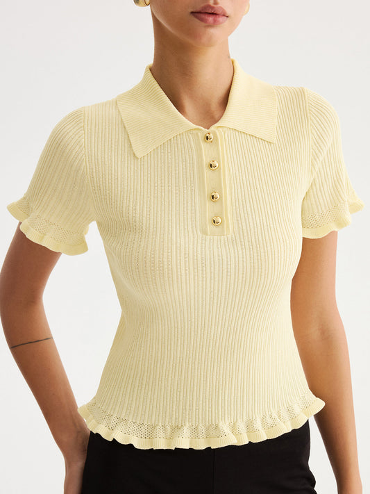 Ruffled Collared Ribbed Knit Top