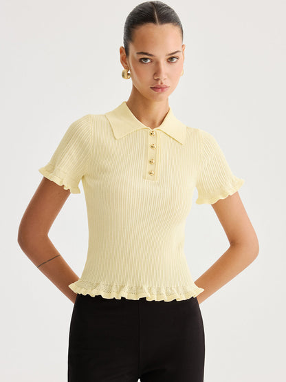 Ruffled Collared Ribbed Knit Top