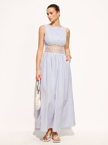 Striped Sleeveless Lace Waist Maxi Dress