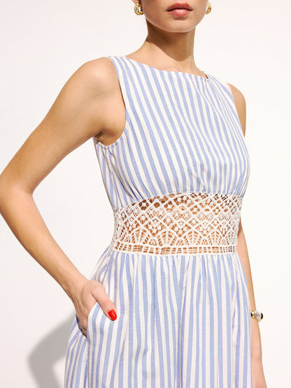 Striped Sleeveless Lace Waist Maxi Dress
