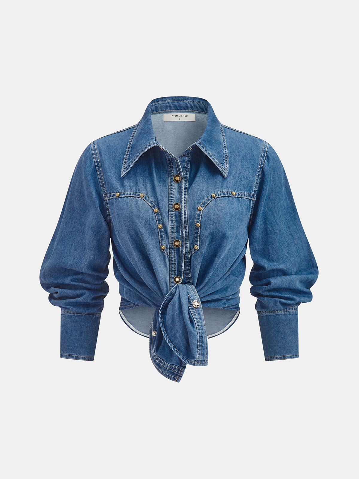 Knot-Front Studded Denim Shirt