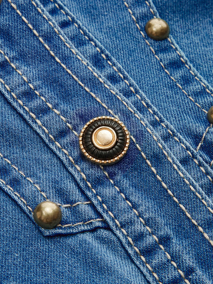 Knot-Front Studded Denim Shirt
