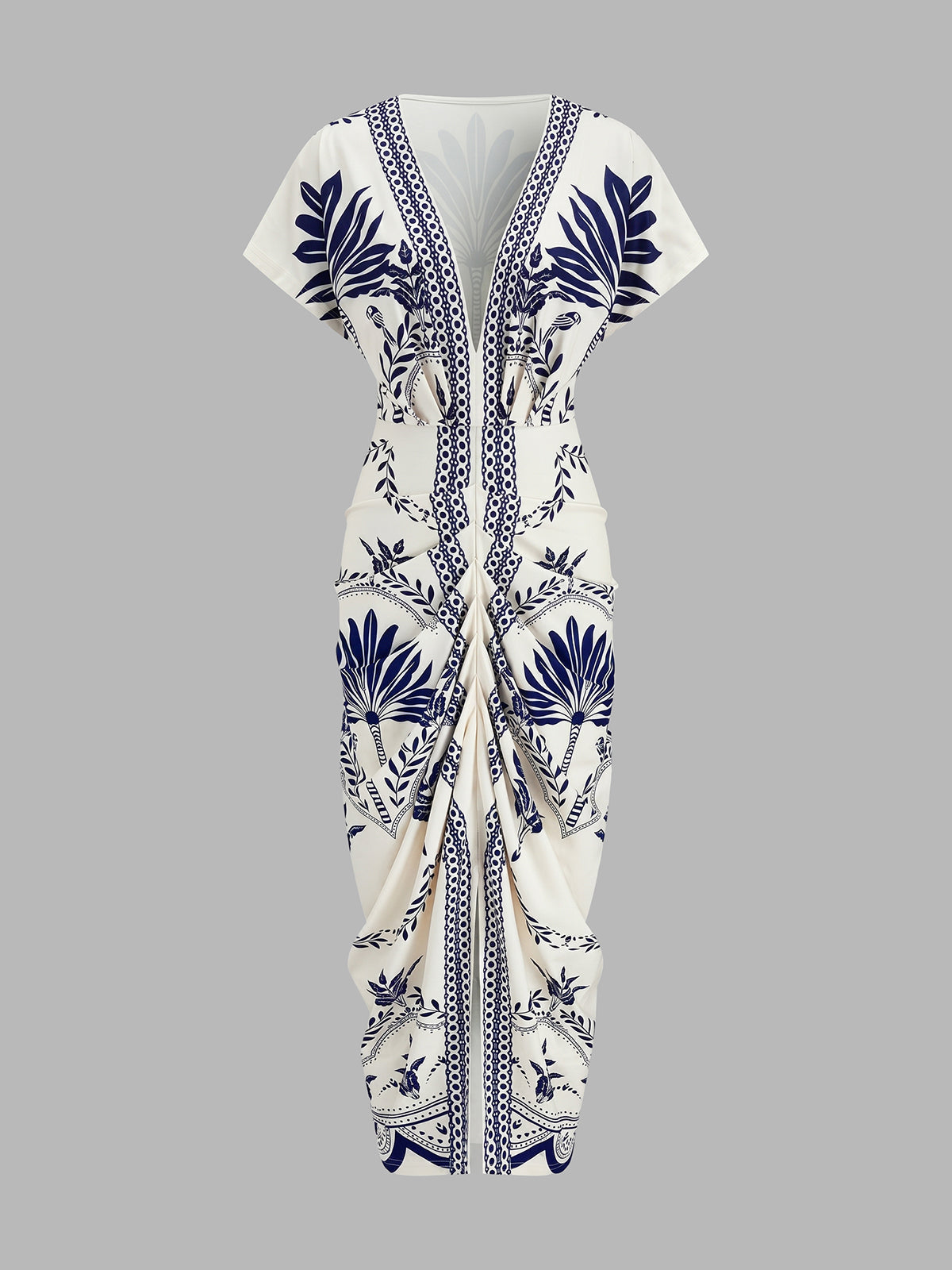 Palm Leaf Print Deep V Neck Maxi Dress