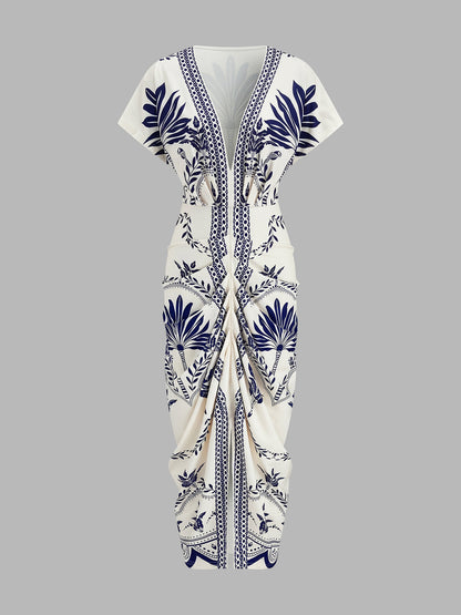Palm Leaf Print Deep V Neck Maxi Dress