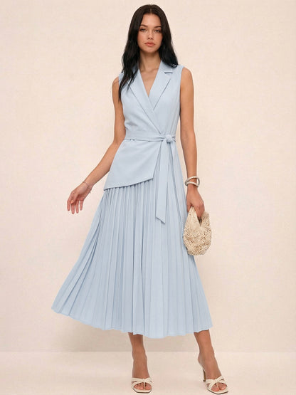 Sleeveless Belted Pleated Blazer Dress
