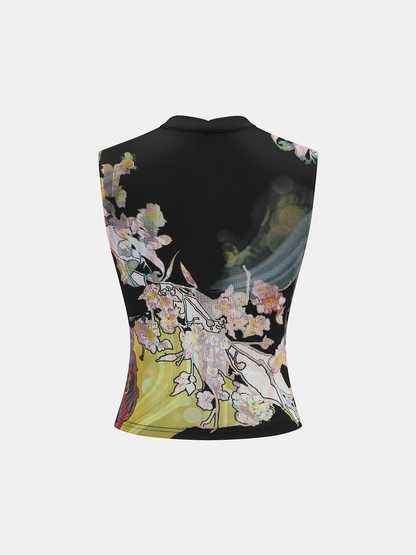 Keyhole Metal Buckle Floral Print Mesh Top