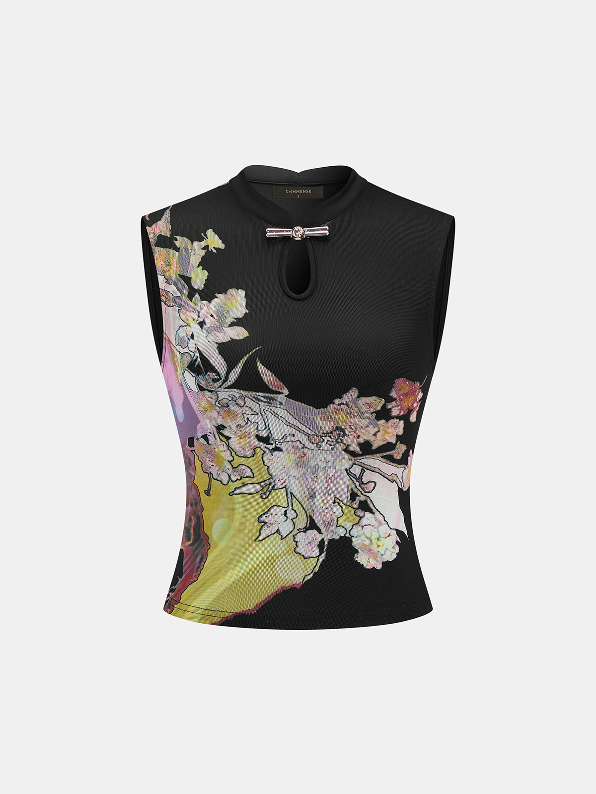 Keyhole Metal Buckle Floral Print Mesh Top