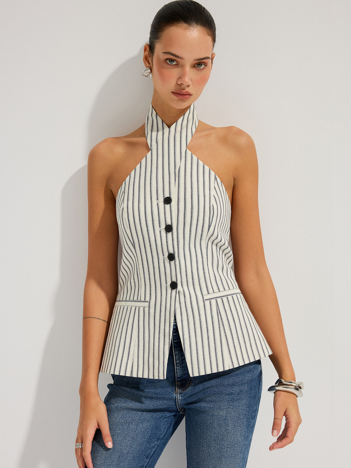 Striped Cotton Buttoned Halter Vest