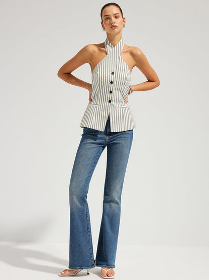 Striped Cotton Buttoned Halter Vest