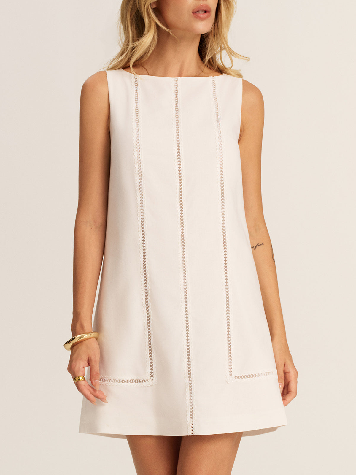 Lace Inset Sleeveless Cotton Linen Shift Dress