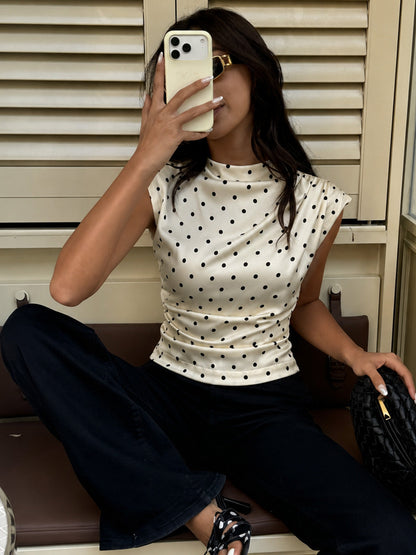 Polka Dot Sleeveless Ruched Blouse