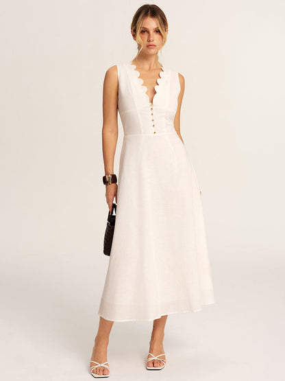 Scalloped Neckline Cotton Linen Midi Dress