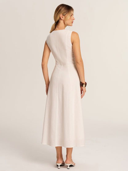 Scalloped Neckline Cotton Linen Midi Dress