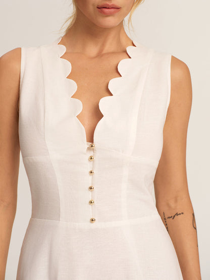 Scalloped Neckline Cotton Linen Midi Dress