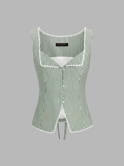 Striped Lace Trim Button-Front Tank Top