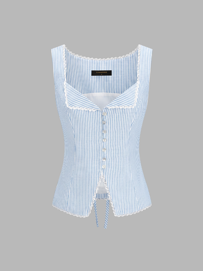 Striped Lace Trim Button-Front Tank Top