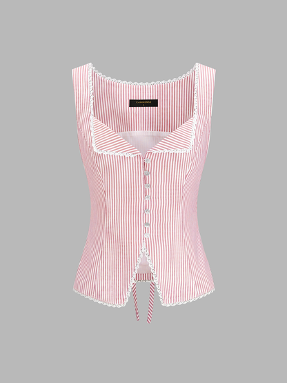 Striped Lace Trim Button-Front Tank Top