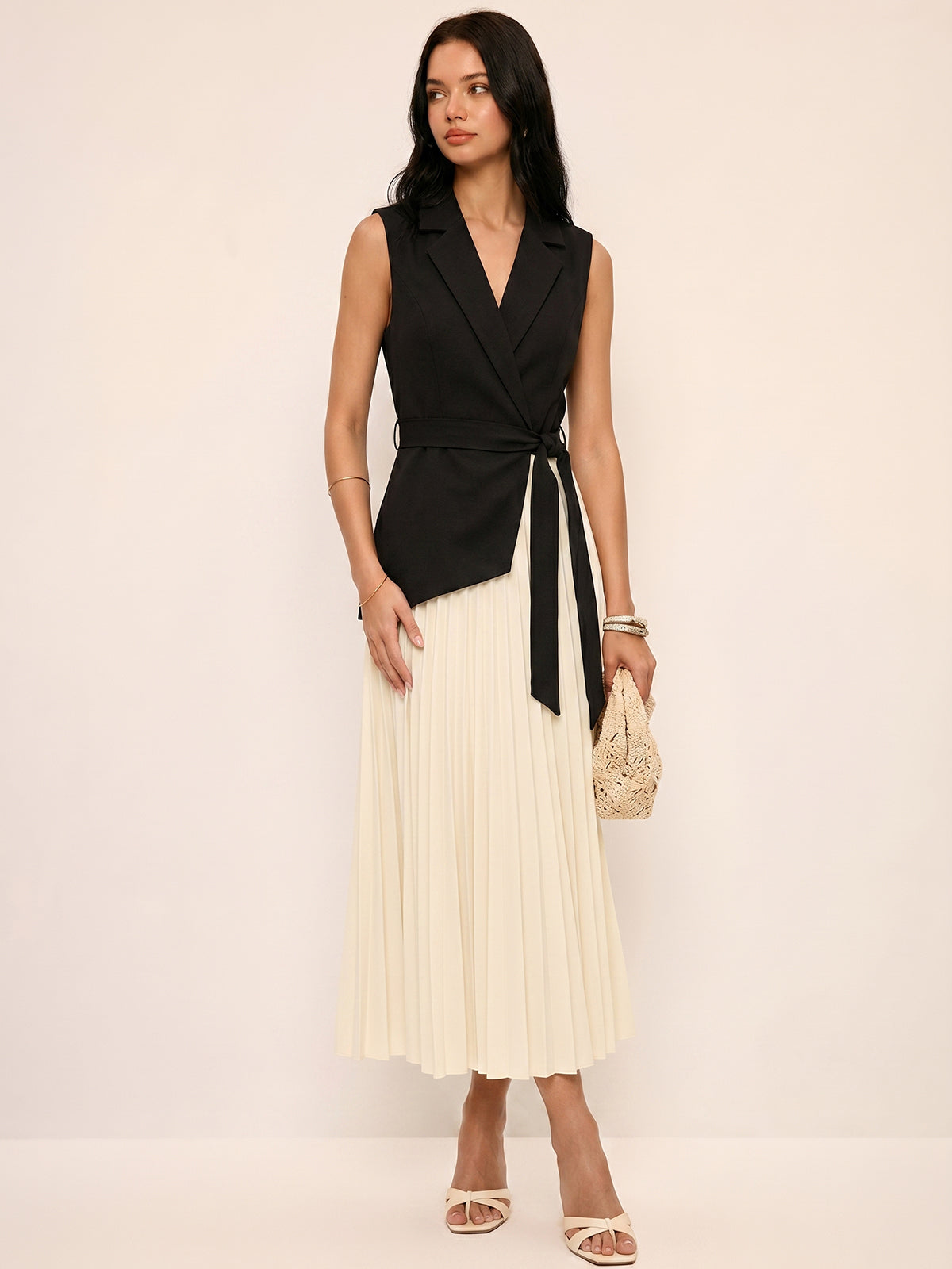 Sleeveless Belted Pleated Blazer Dress
