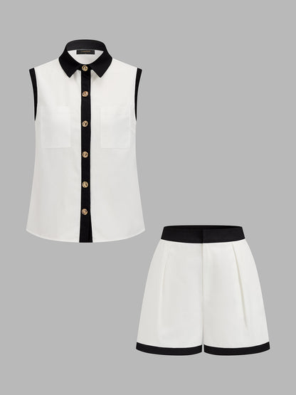 Contrast Trim Sleeveless Shirt & Shorts Set