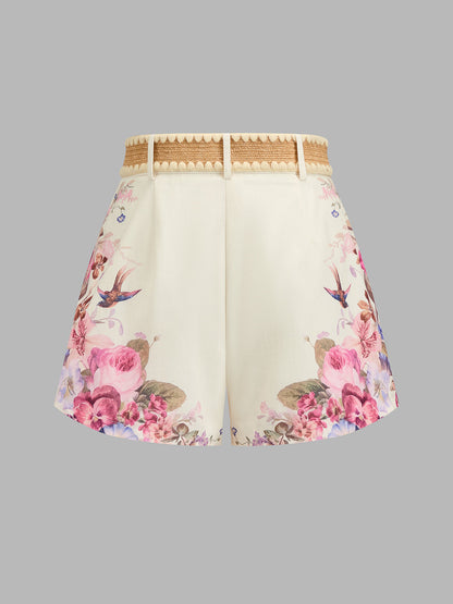 Floral Bird Print Pleated Belted Shorts