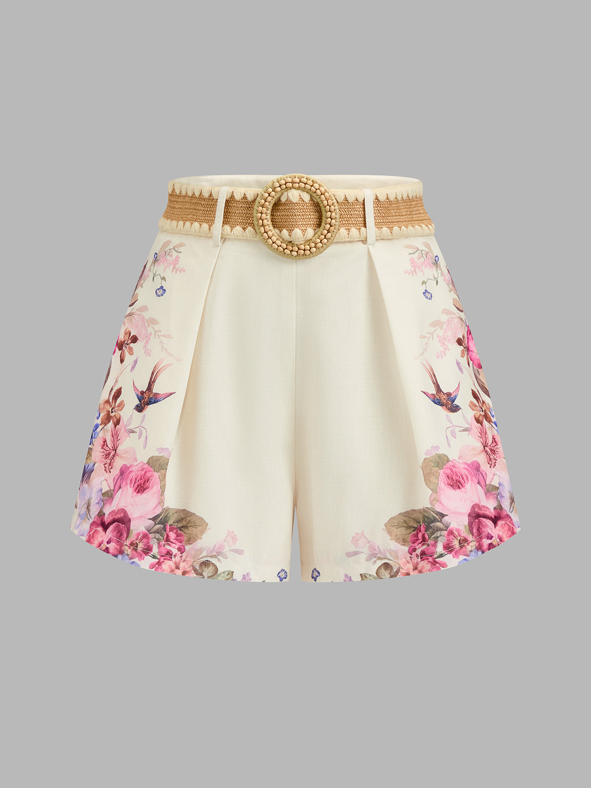 Floral Bird Print Pleated Belted Shorts