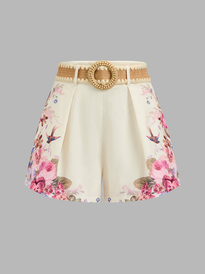 Floral Bird Print Pleated Belted Shorts