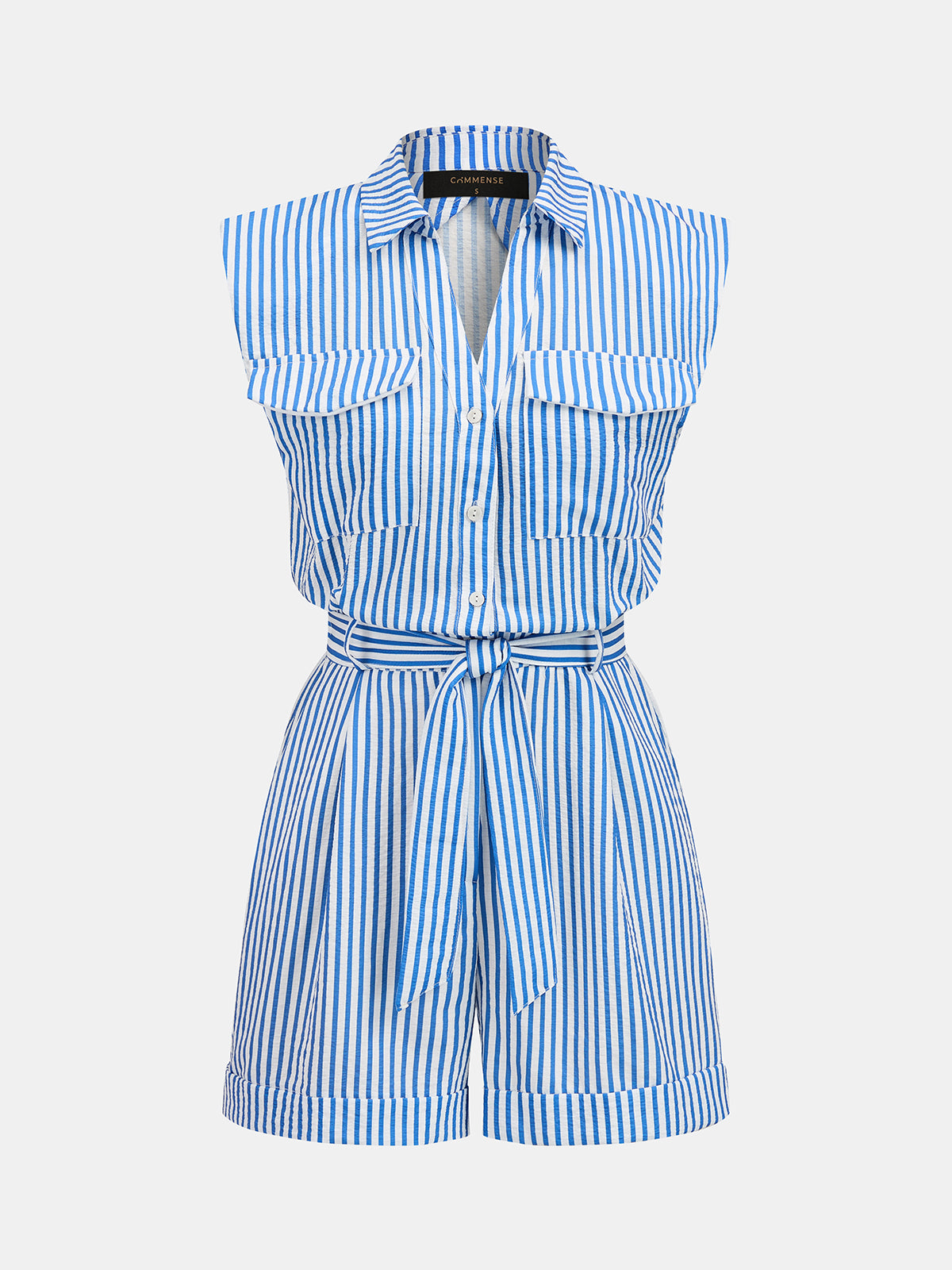 Striped Sleeveless Belted Cotton Shirt Romper