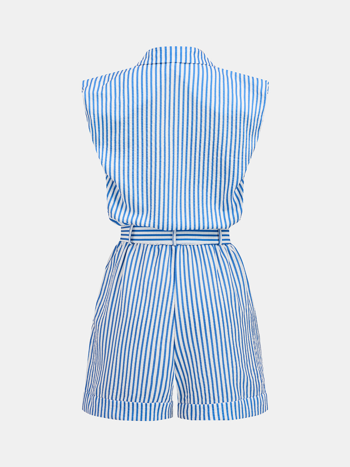 Striped Sleeveless Belted Cotton Shirt Romper