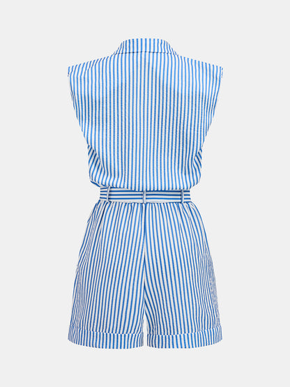 Striped Sleeveless Belted Cotton Shirt Romper