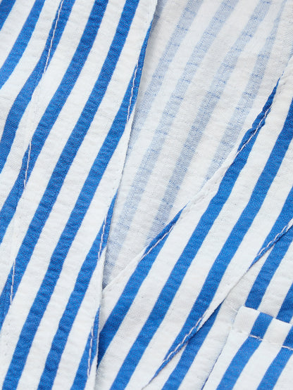 Striped Sleeveless Belted Cotton Shirt Romper