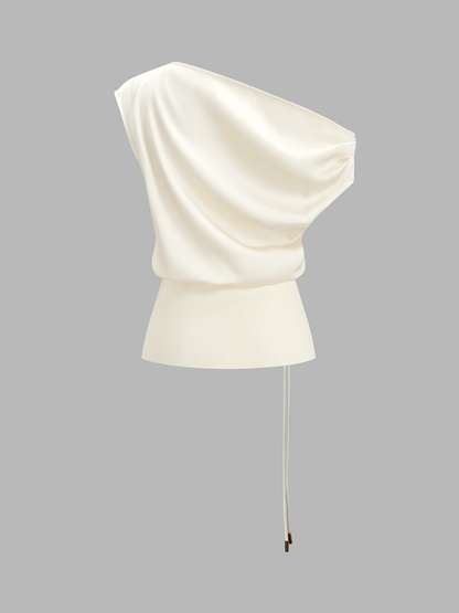 One Shoulder Belted Satin Top