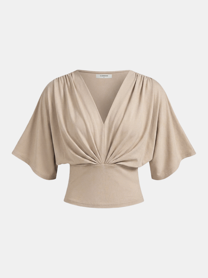 V-Neck Twist Front Batwing Sleeve Fitted Top